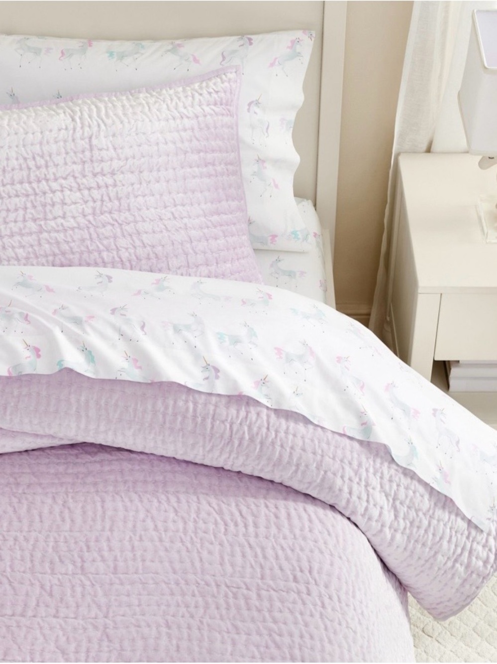 Pottery Barn Kids Lavender Quilted Coverlet with White Unicorn-Print Shams